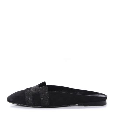 HERMES Suede Goatskin Crystal Roxane Mules 36 Black